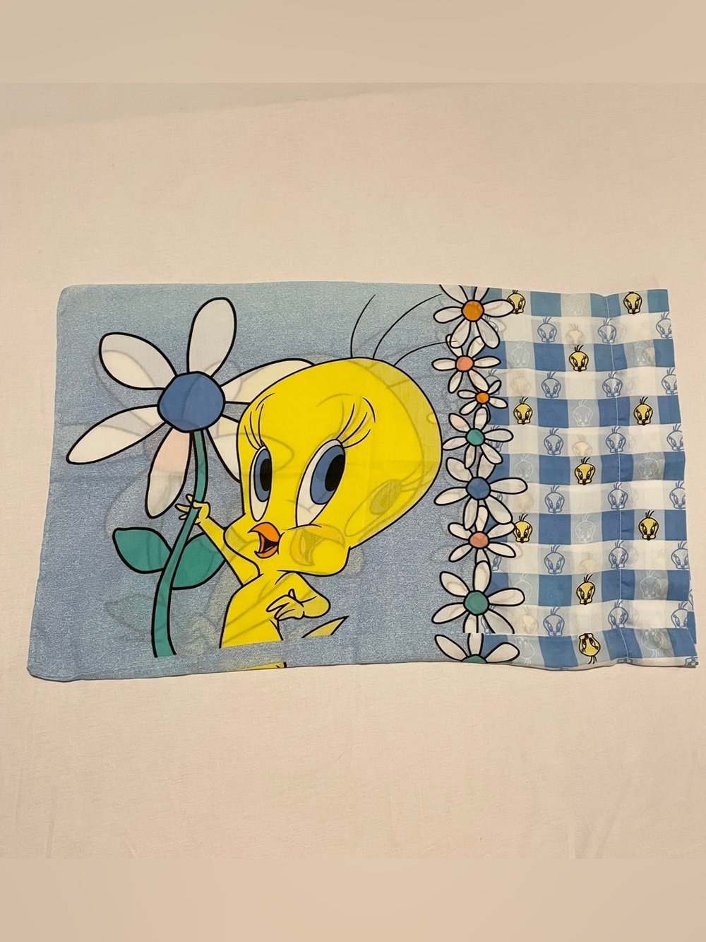 Vintage 90s Looney Tunes Tweety Bird Pillowcase Daisy Gingham Blue Bibb Co
